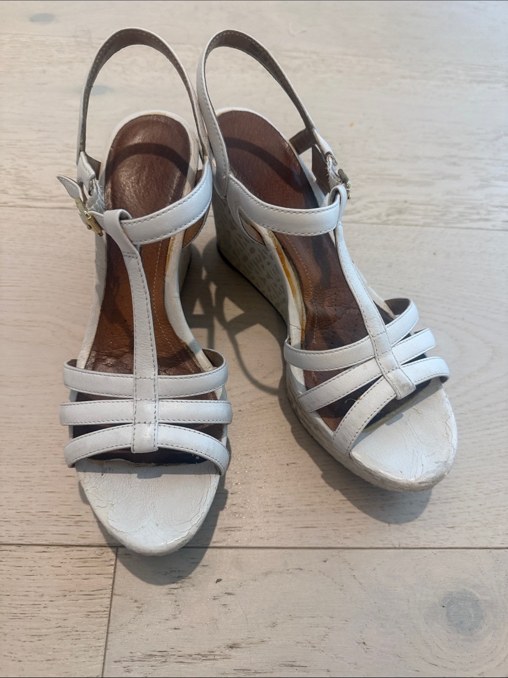 Women's Clark’s White T-Strap Wedge Sandals with Ankle Buckle